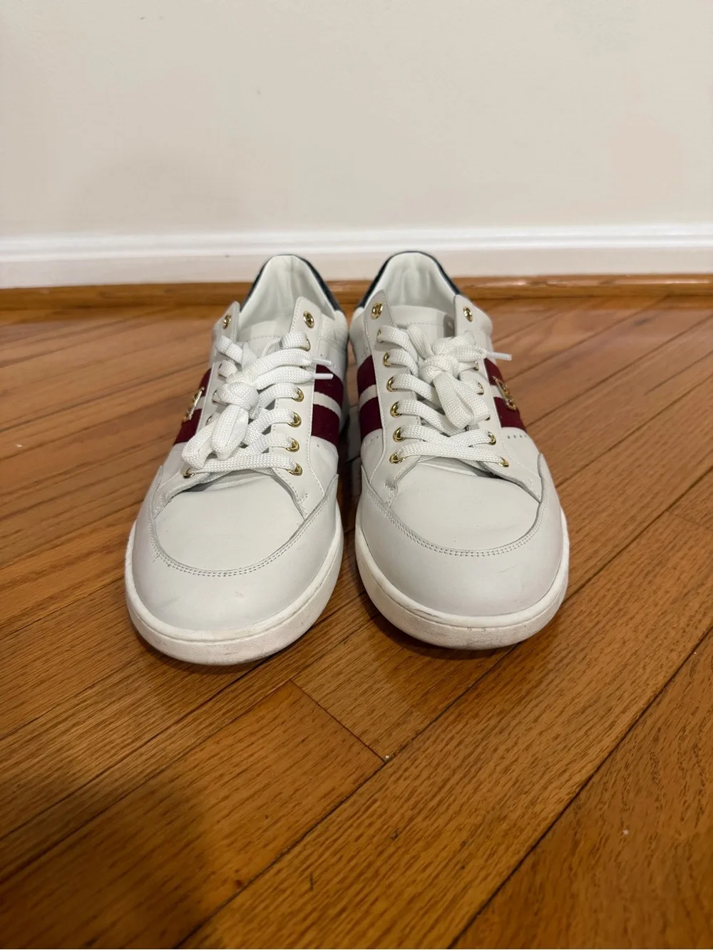 Bally White Leather Sneakers with Burgundy Stripe and Black Heel